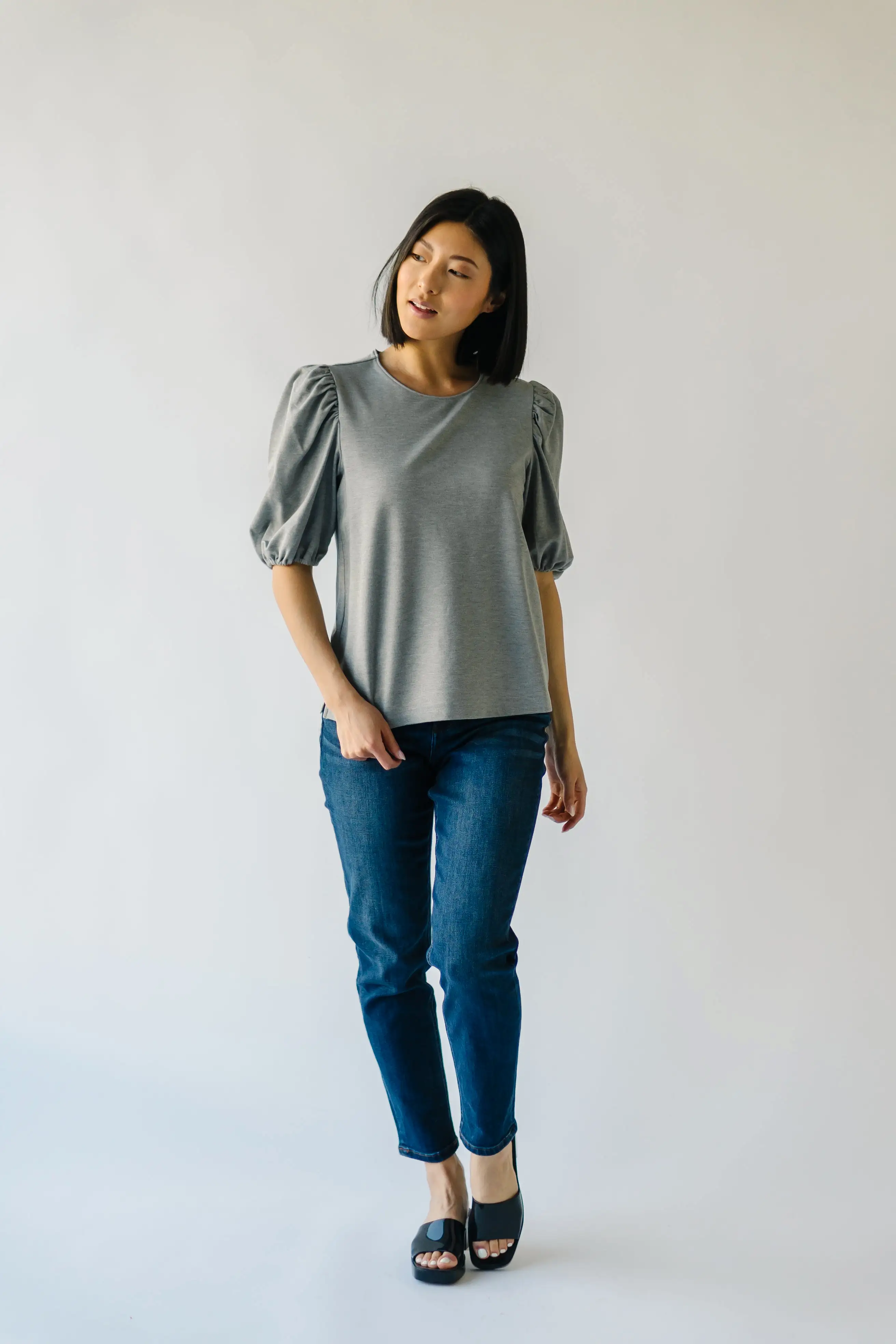 The Winslow Ponte Puff Sleeve Blouse in Heather Grey