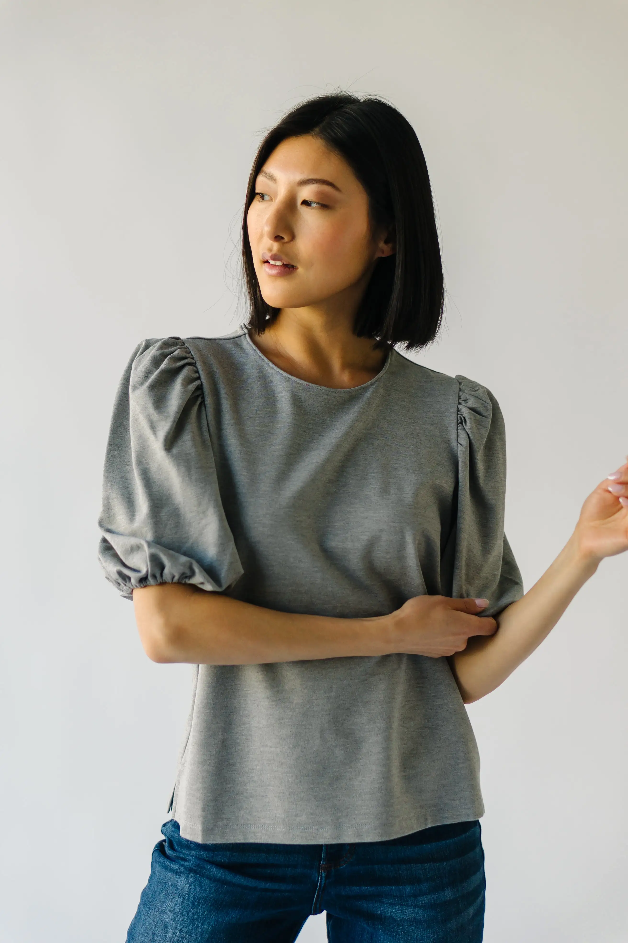 The Winslow Ponte Puff Sleeve Blouse in Heather Grey