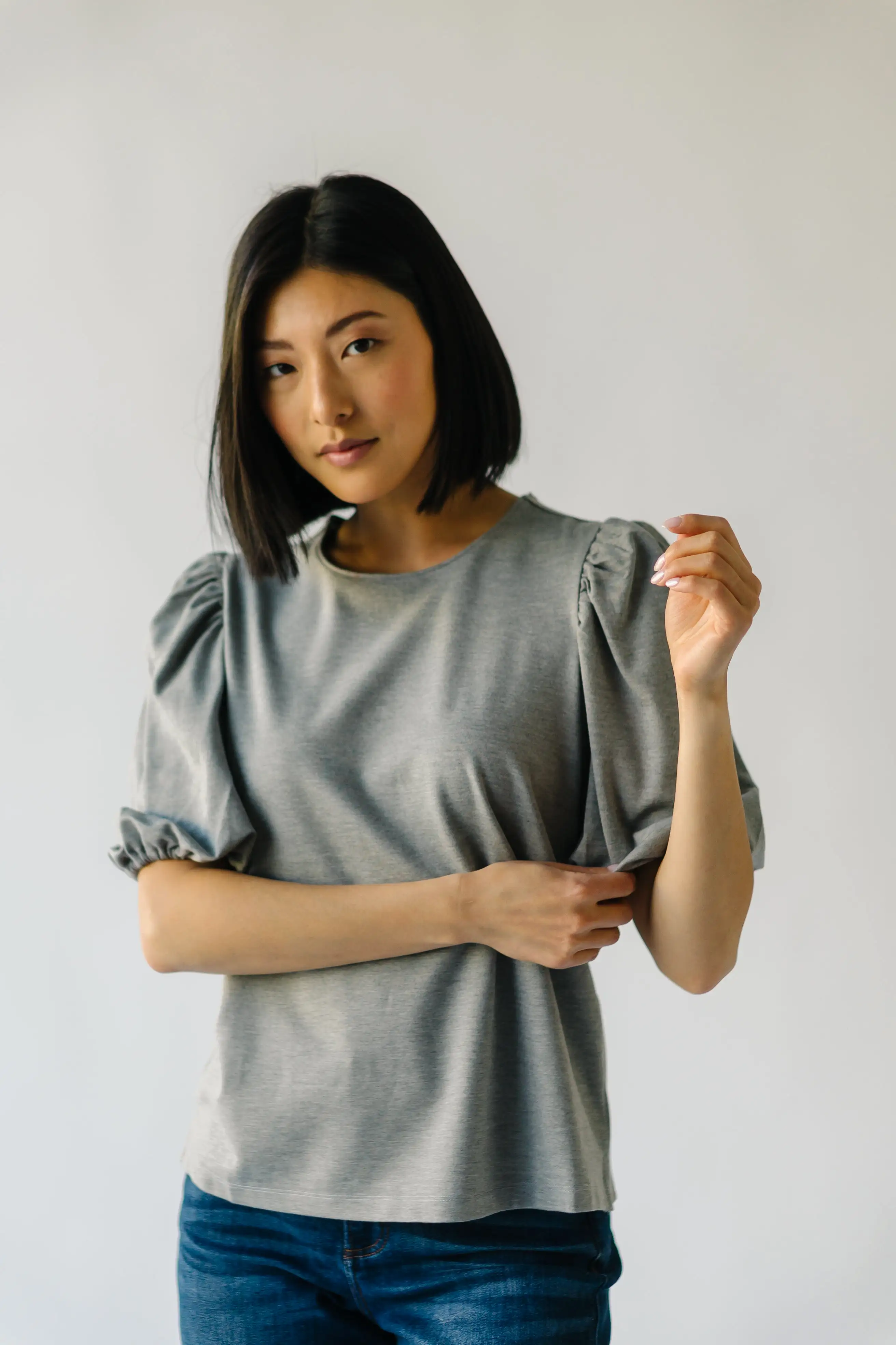 The Winslow Ponte Puff Sleeve Blouse in Heather Grey