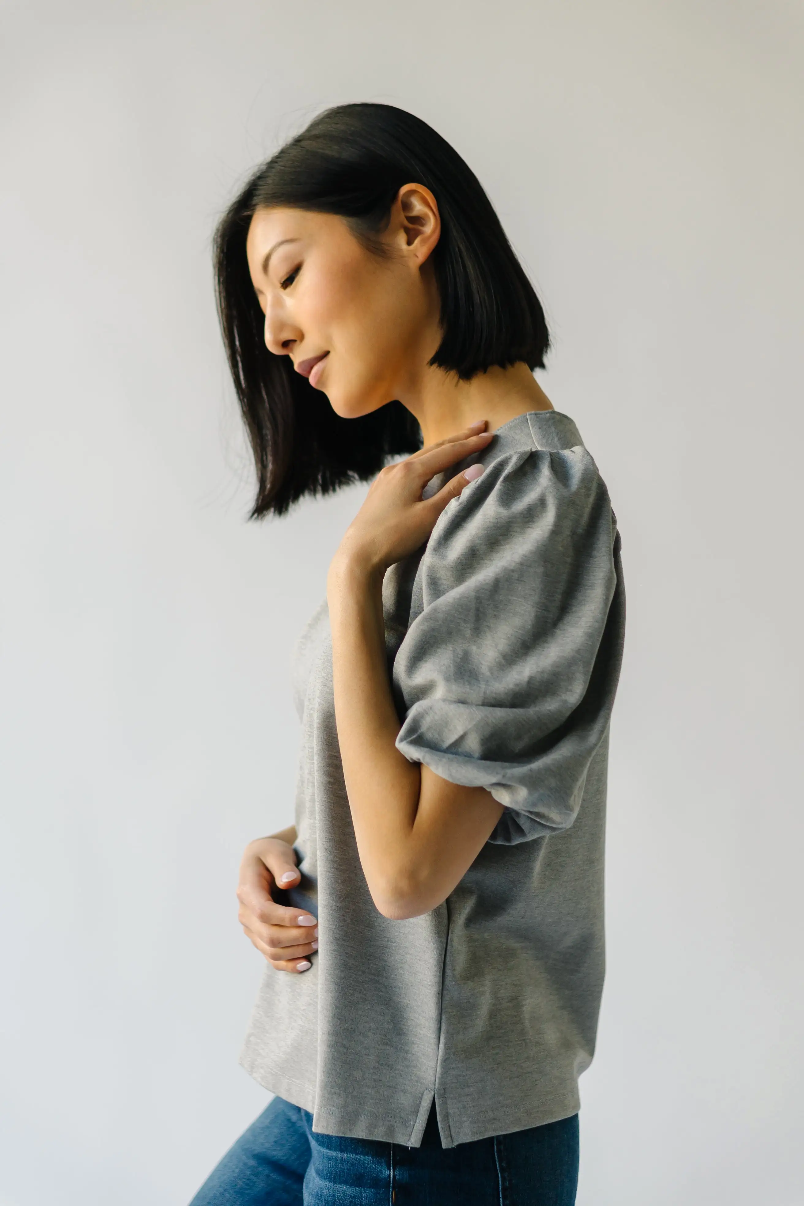 The Winslow Ponte Puff Sleeve Blouse in Heather Grey