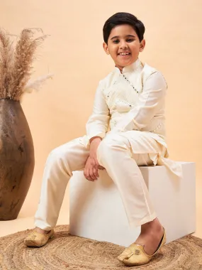 VASTRAMAY Boy's Cream Mirror Work Jacket And Solid Kurta Pyjama Set