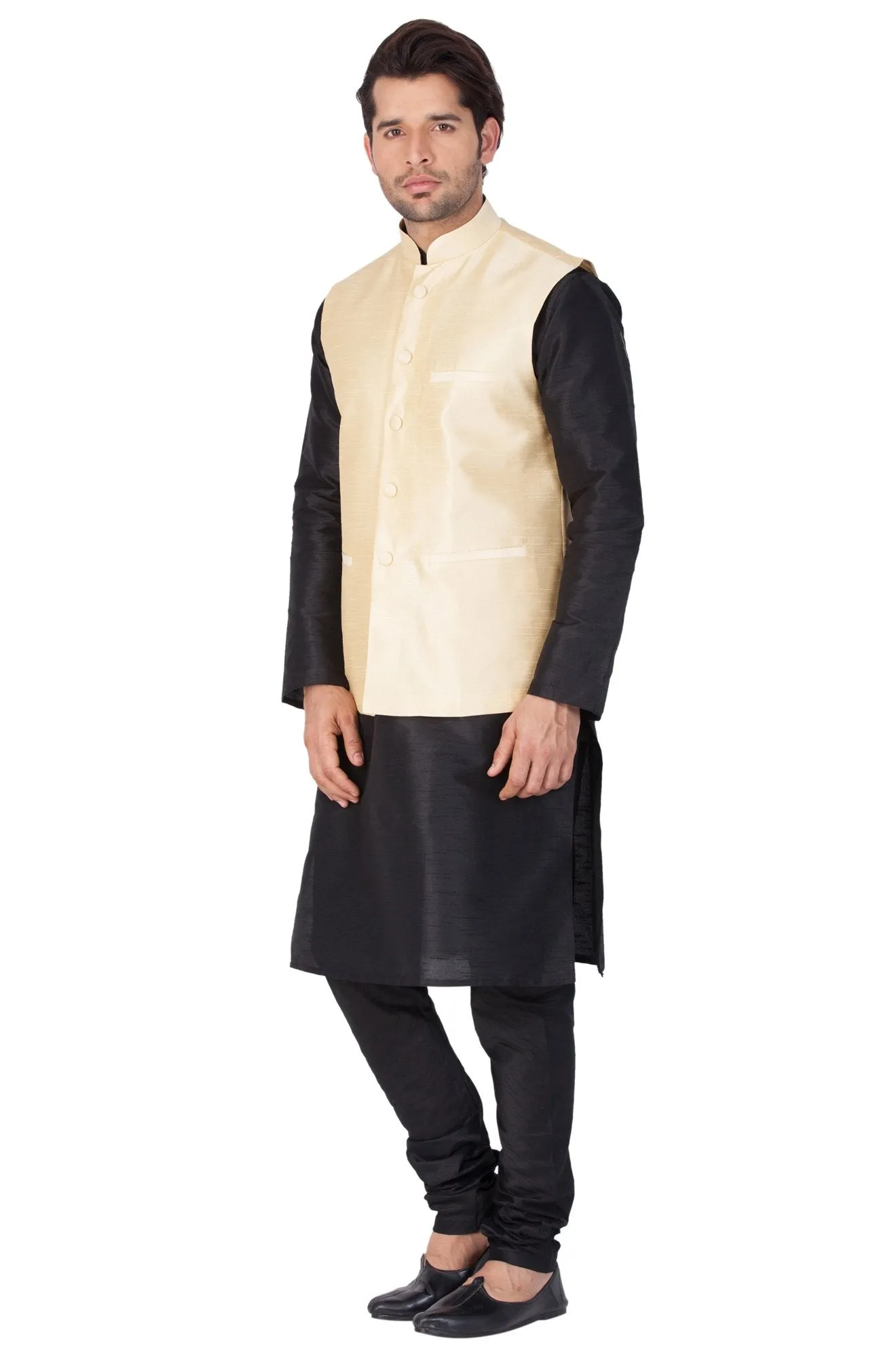 VASTRAMAY Men's Black Cotton Silk Blend Kurta, Ethnic Jacket and Pyjama Set