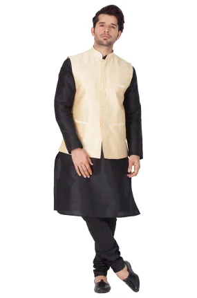 VASTRAMAY Men's Black Cotton Silk Blend Kurta, Ethnic Jacket and Pyjama Set