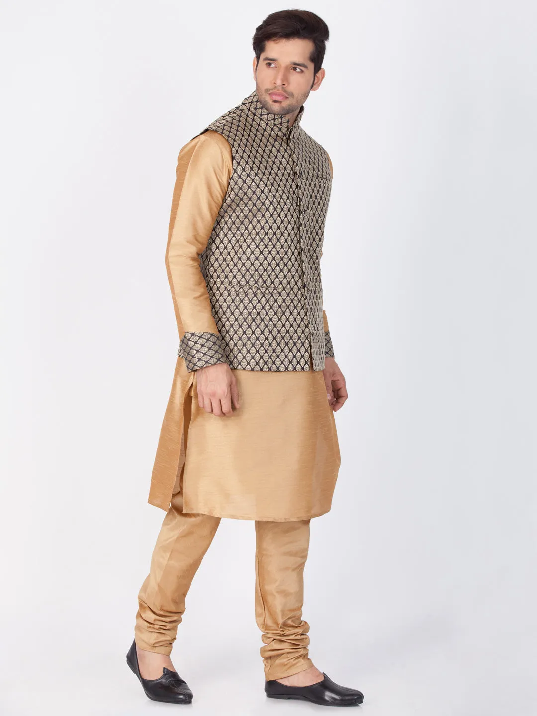 VASTRAMAY Men's Gold Cotton Silk Blend Kurta, Ethnic Jacket and Pyjama Set