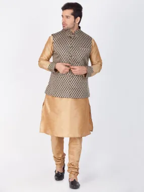 VASTRAMAY Men's Gold Cotton Silk Blend Kurta, Ethnic Jacket and Pyjama Set