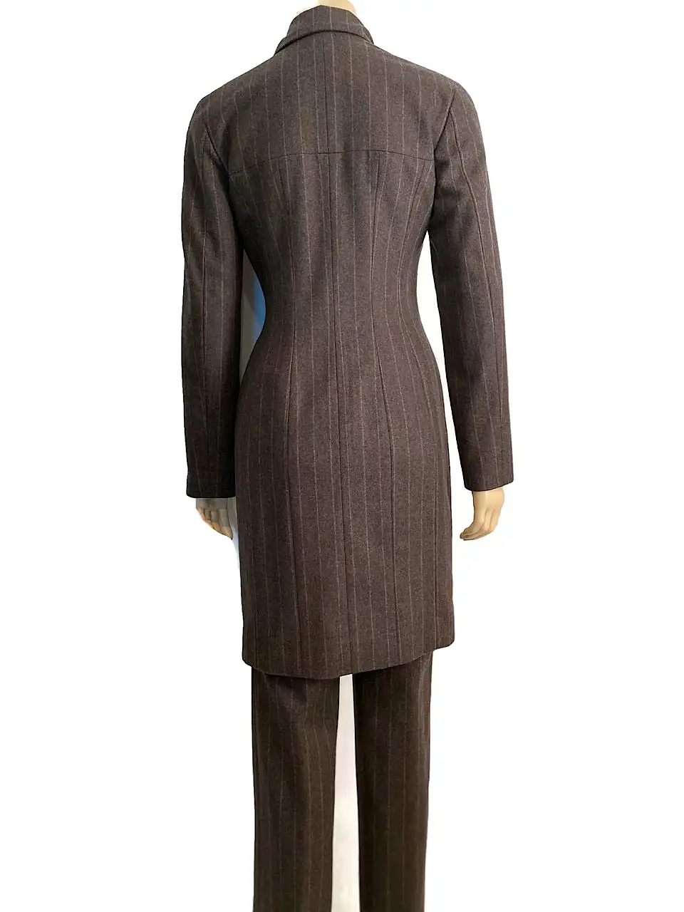 Vintage Chanel Identification 99A, 1999 Fall Gray Brown Pinstripe Pant Suit Set FR 34 US 2