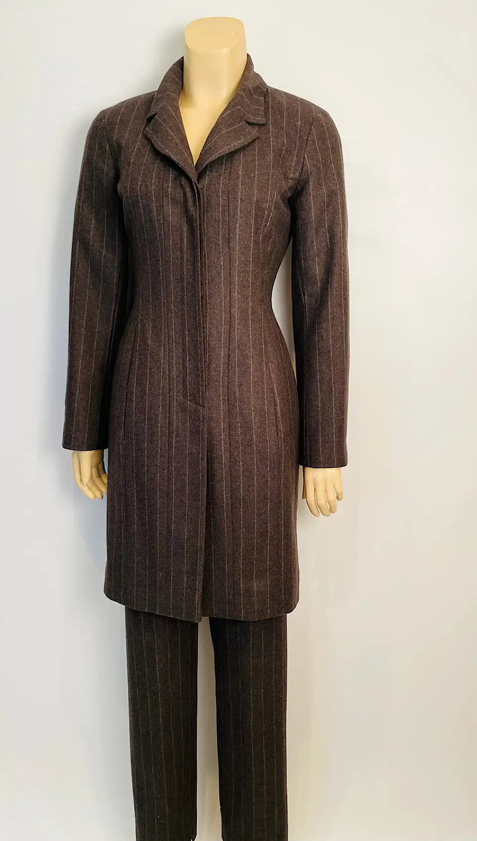 Vintage Chanel Identification 99A, 1999 Fall Gray Brown Pinstripe Pant Suit Set FR 34 US 2