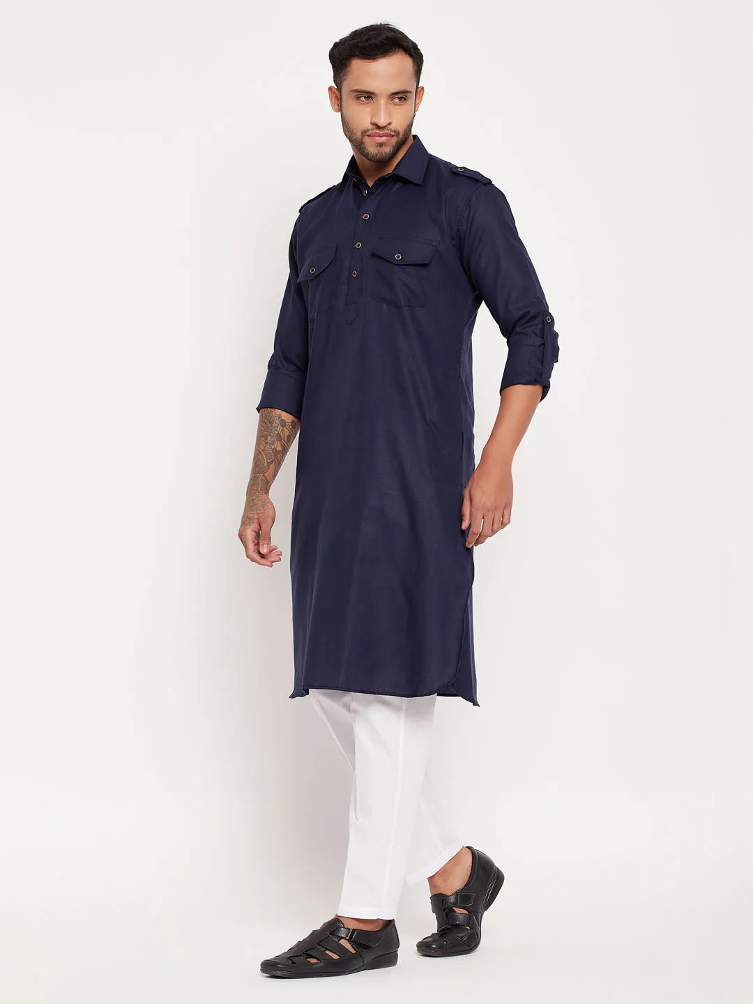 VM By VASTRAMAY Men's Blue Pathani Suit With White Pant Set