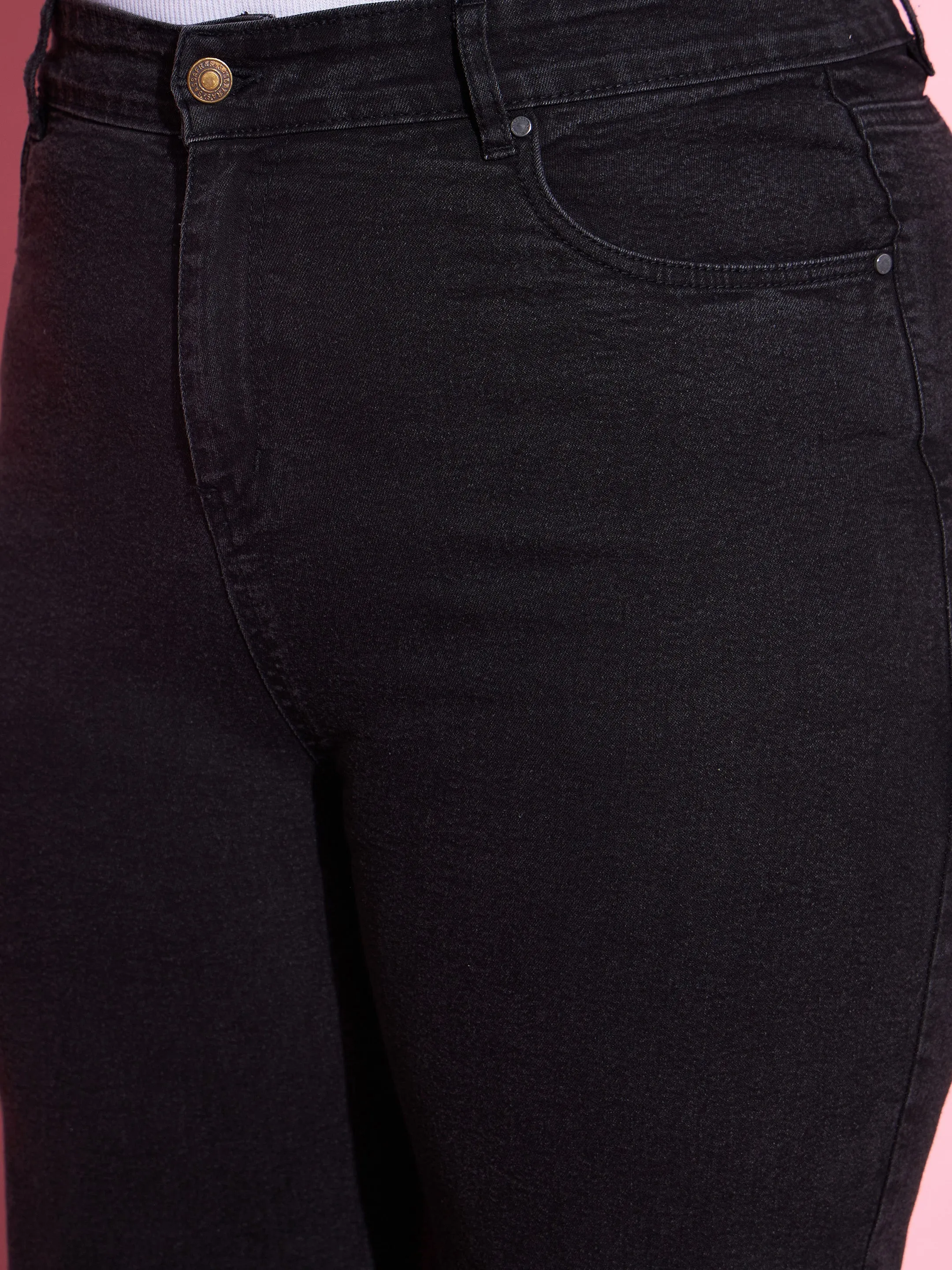 Women Black Acid Wash Denim Bell Bottom Jeans