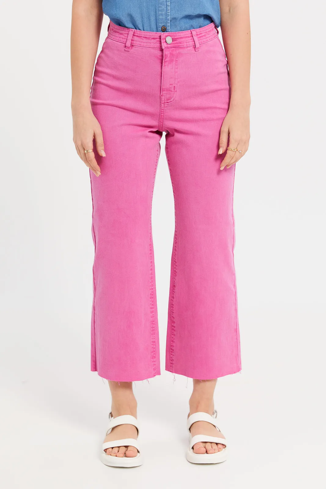 Women Pink High Waisted Wide Leg Jeans