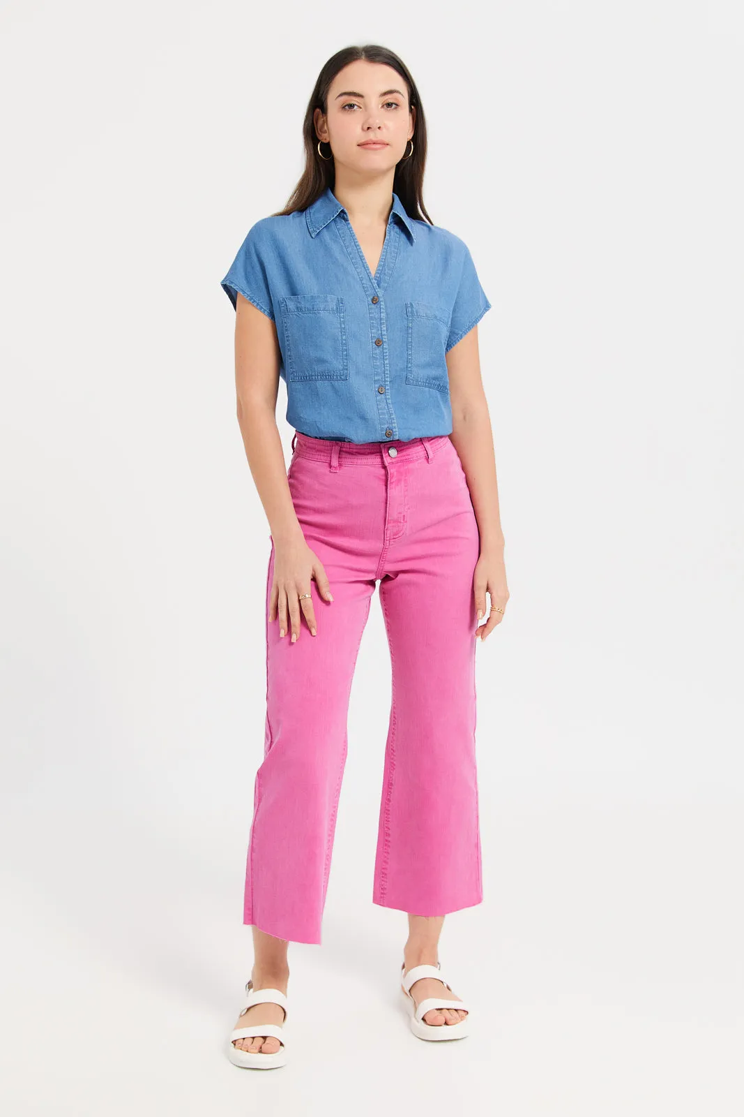 Women Pink High Waisted Wide Leg Jeans