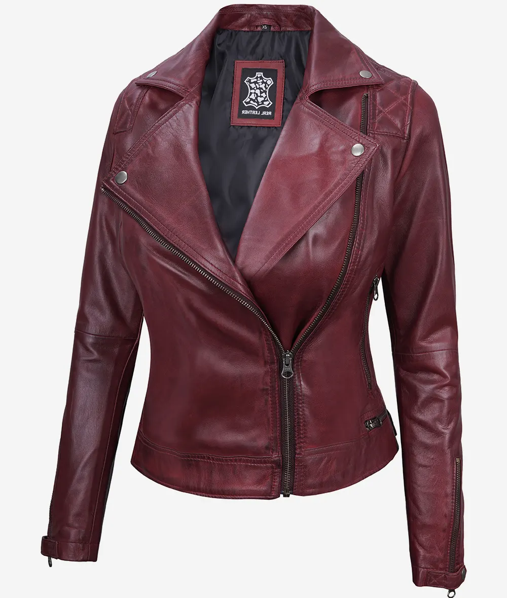 Women's Real Lambskin Leather Maroon Moto Jacket