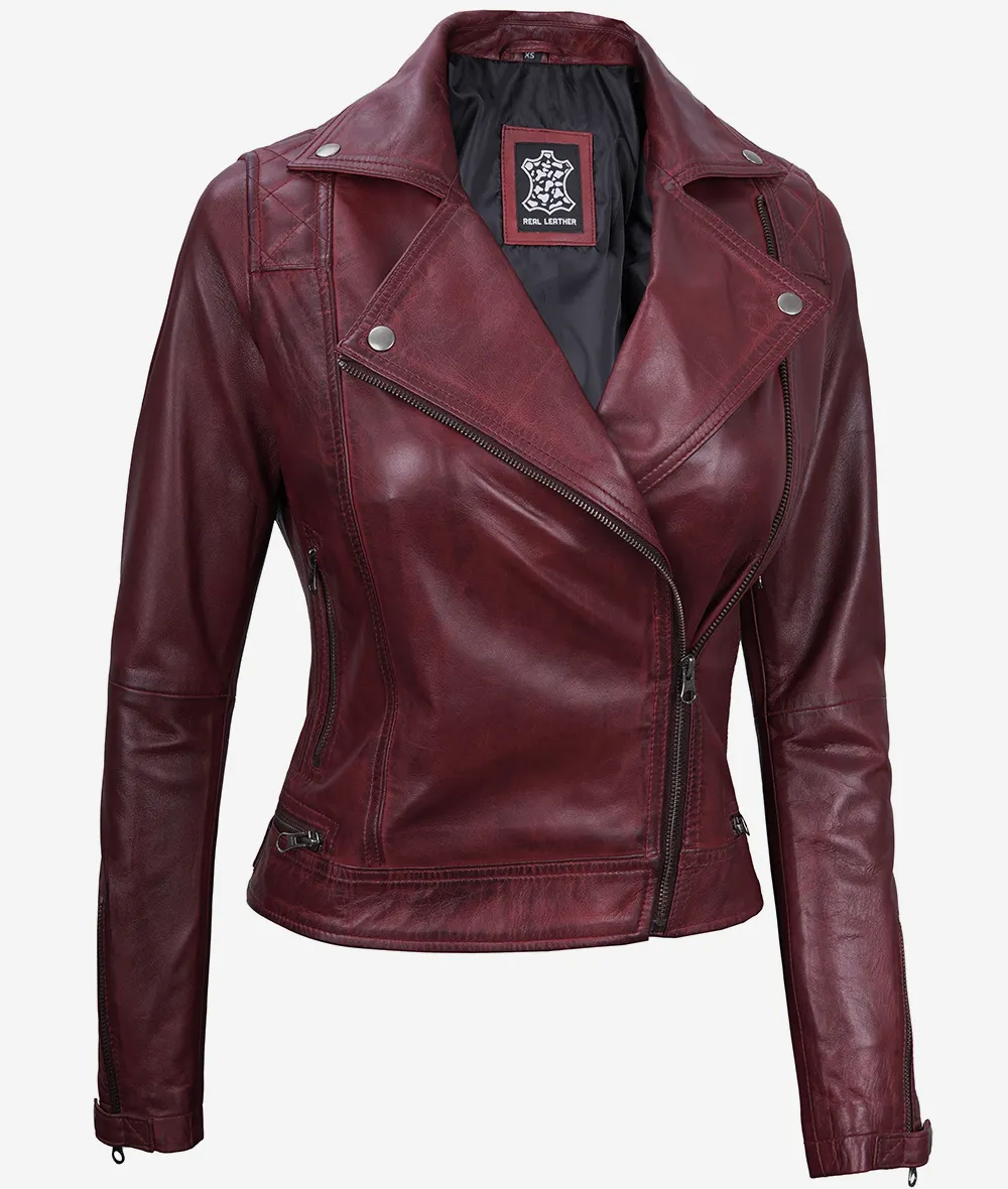 Women's Real Lambskin Leather Maroon Moto Jacket