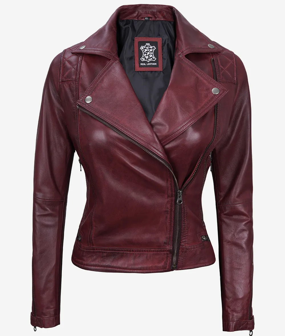 Women's Real Lambskin Leather Maroon Moto Jacket