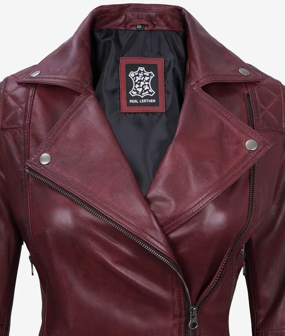 Women's Real Lambskin Leather Maroon Moto Jacket