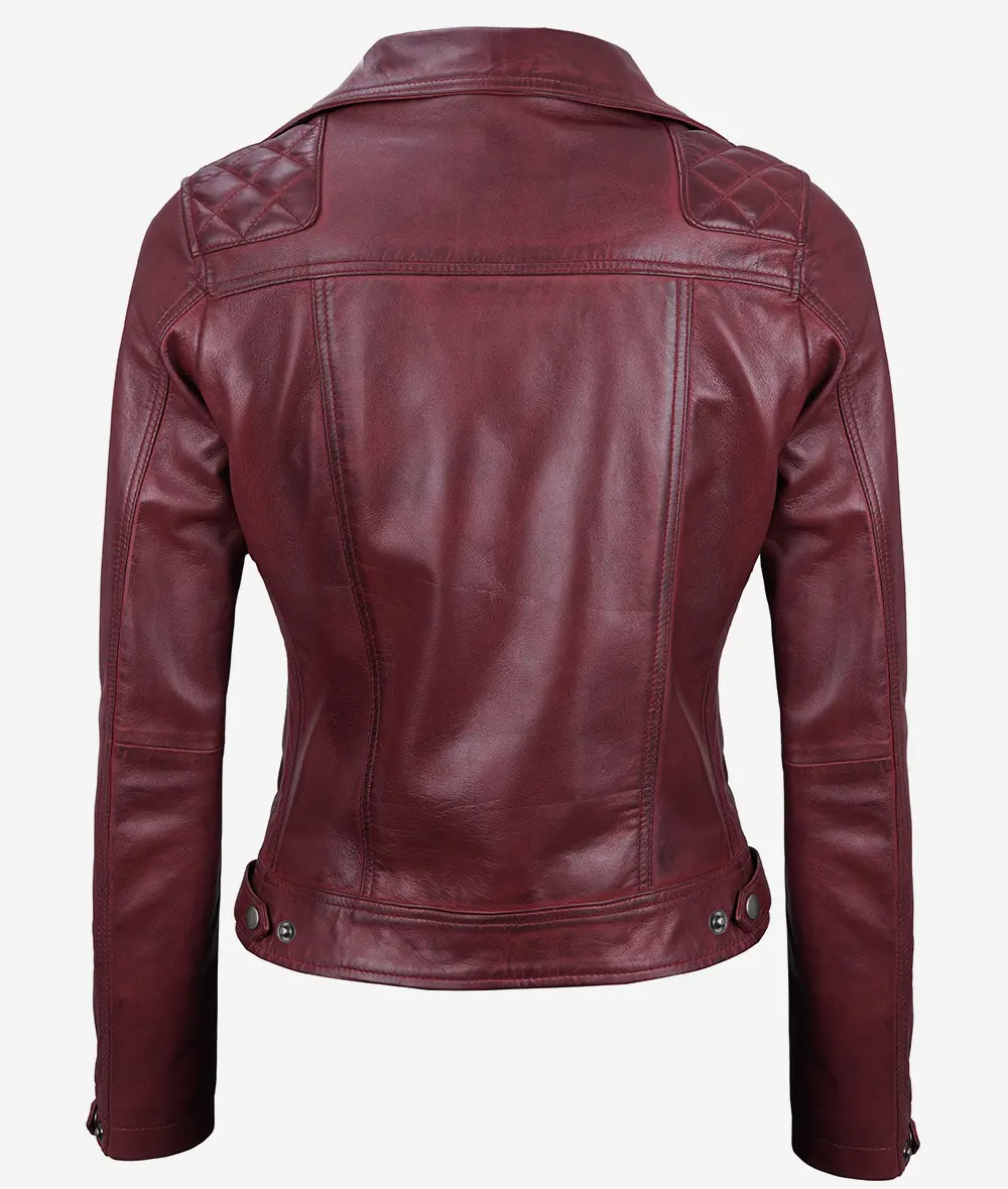 Women's Real Lambskin Leather Maroon Moto Jacket