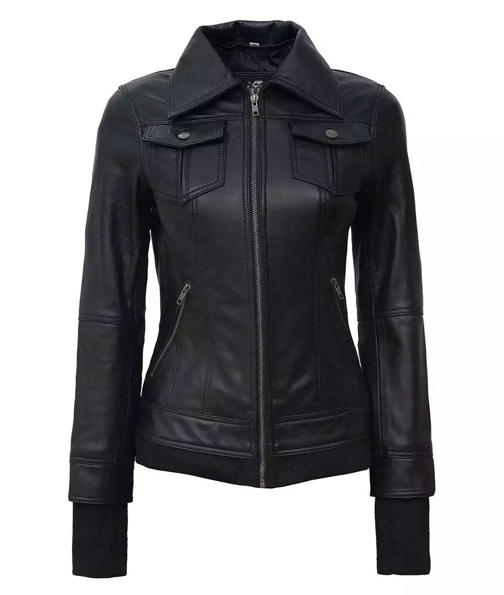 Womens Petite Black Bomber Leather Jacket With Removable Hood