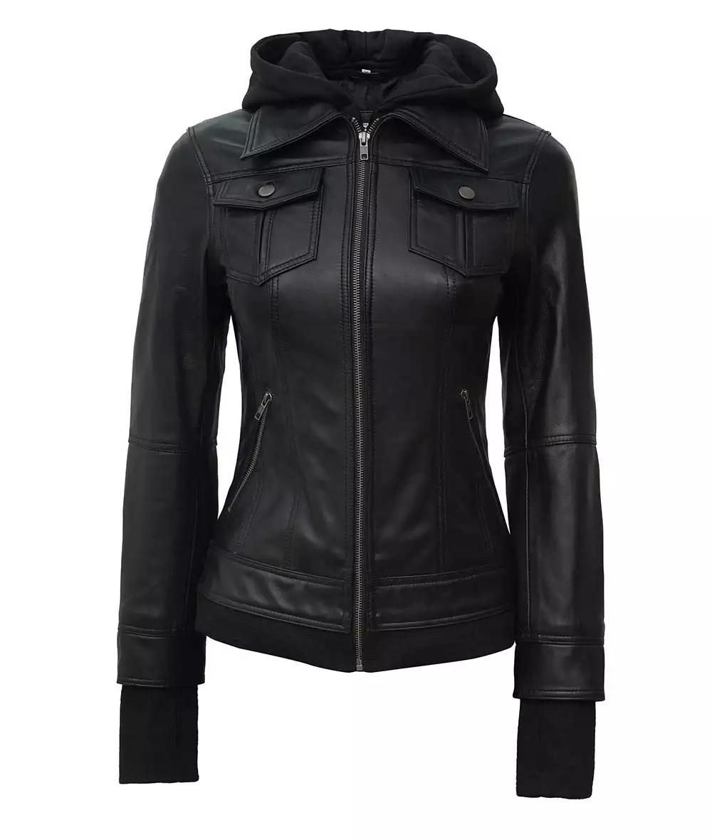 Womens Petite Black Bomber Leather Jacket With Removable Hood