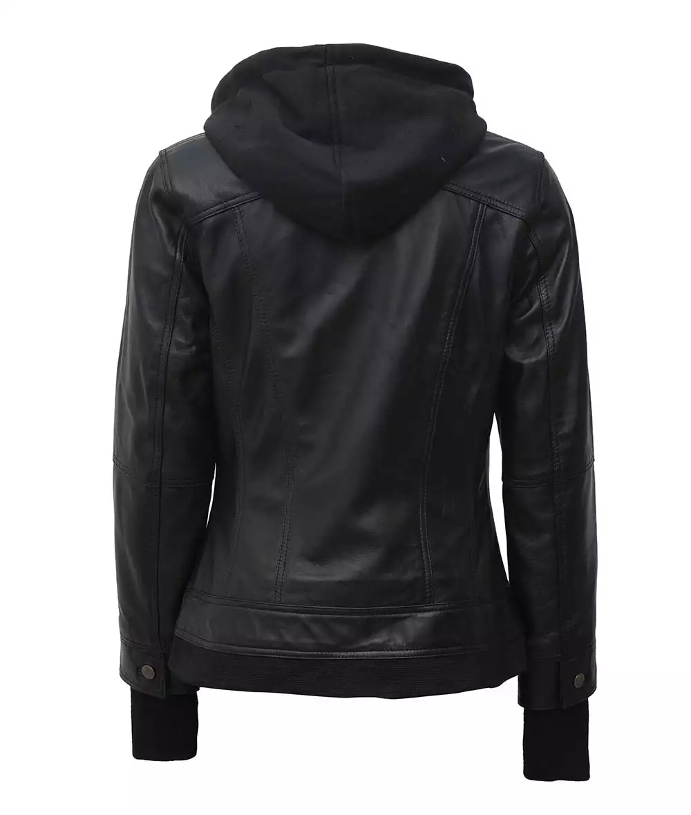 Womens Petite Black Bomber Leather Jacket With Removable Hood