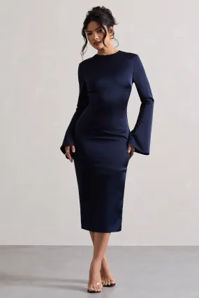 Zaina | Navy Long Sleeve Midi Dress with High Neckline