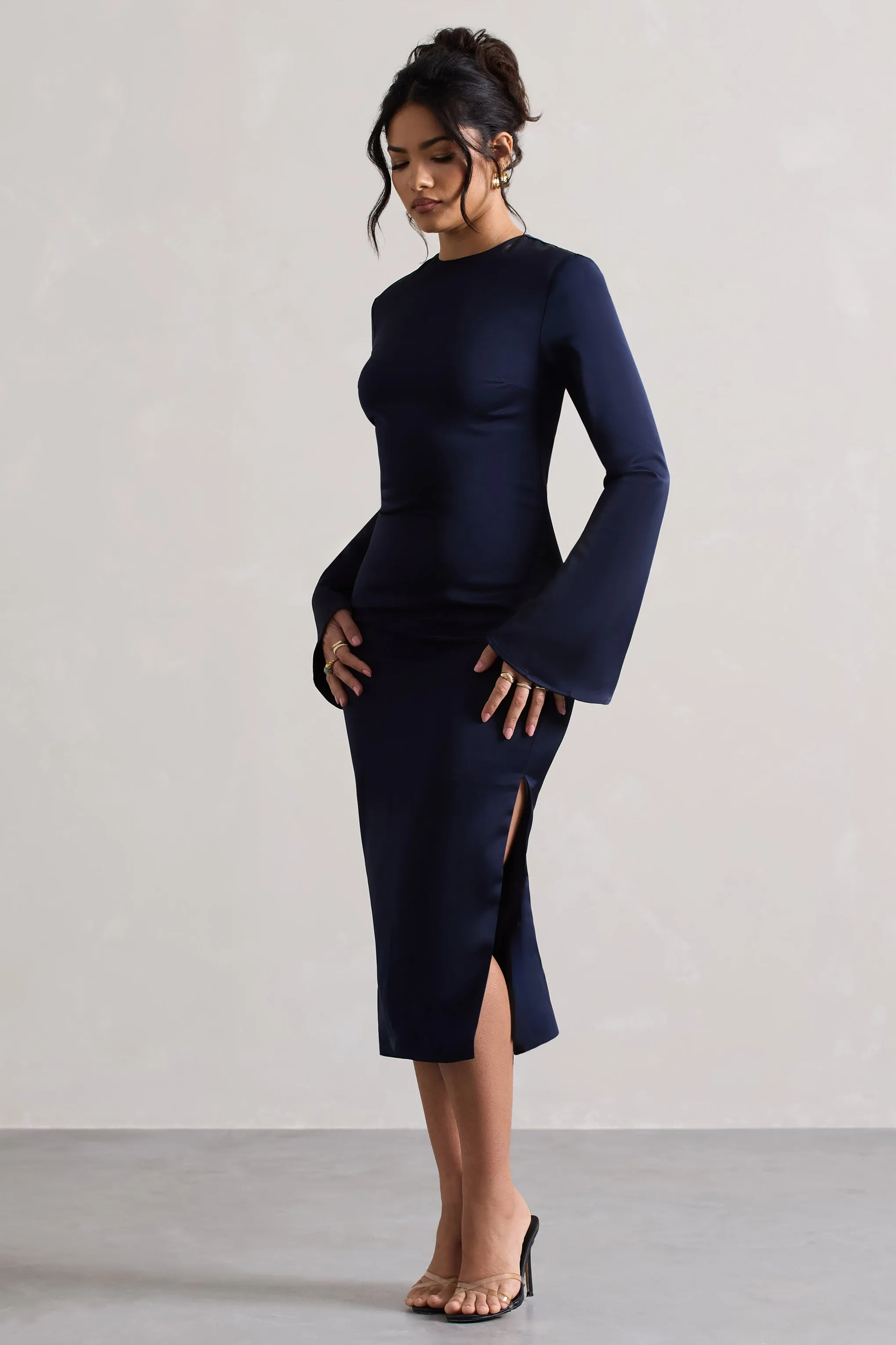 Zaina | Navy Long Sleeve Midi Dress with High Neckline