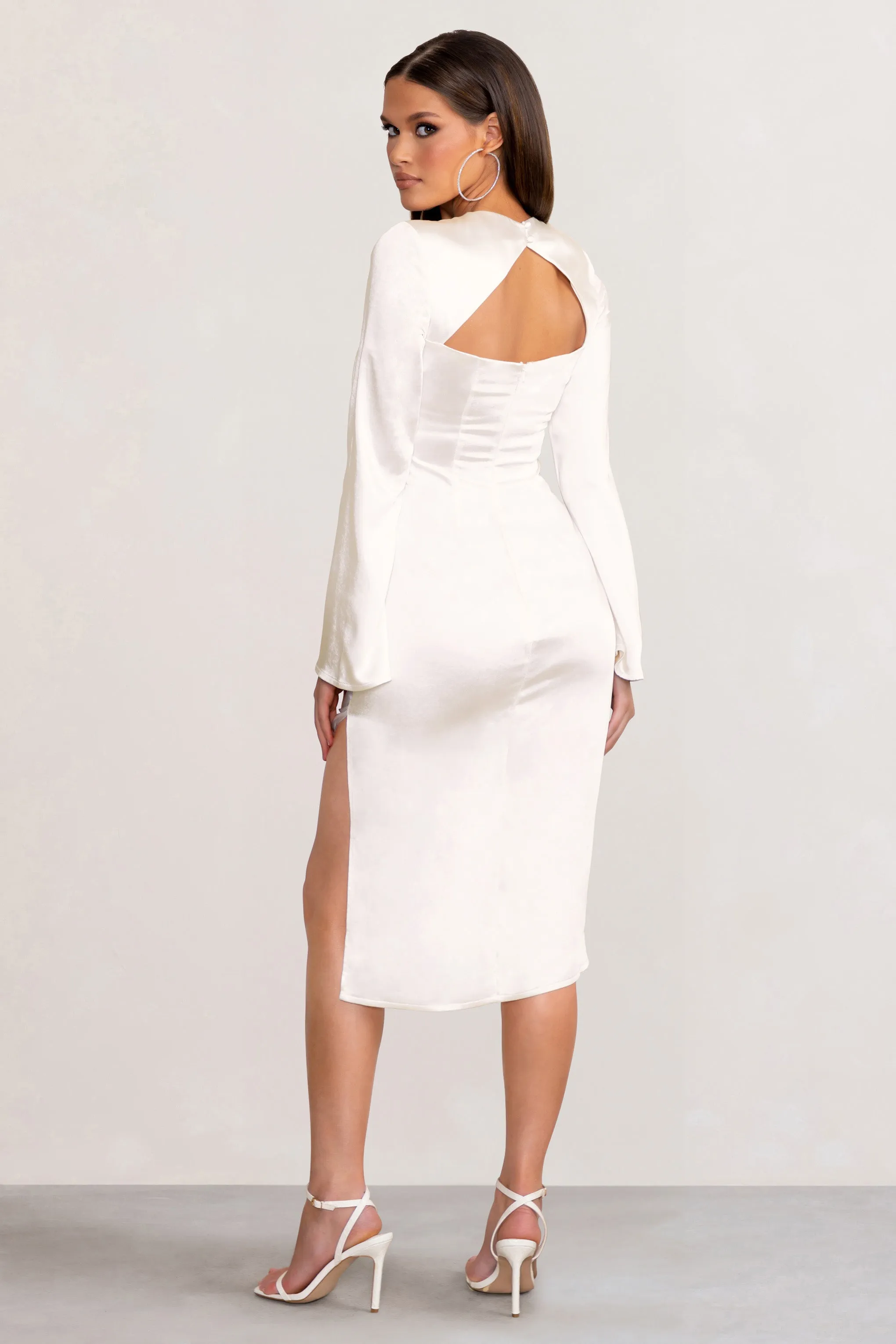 Zaina | White Long Sleeve Midi Dress with High Neckline