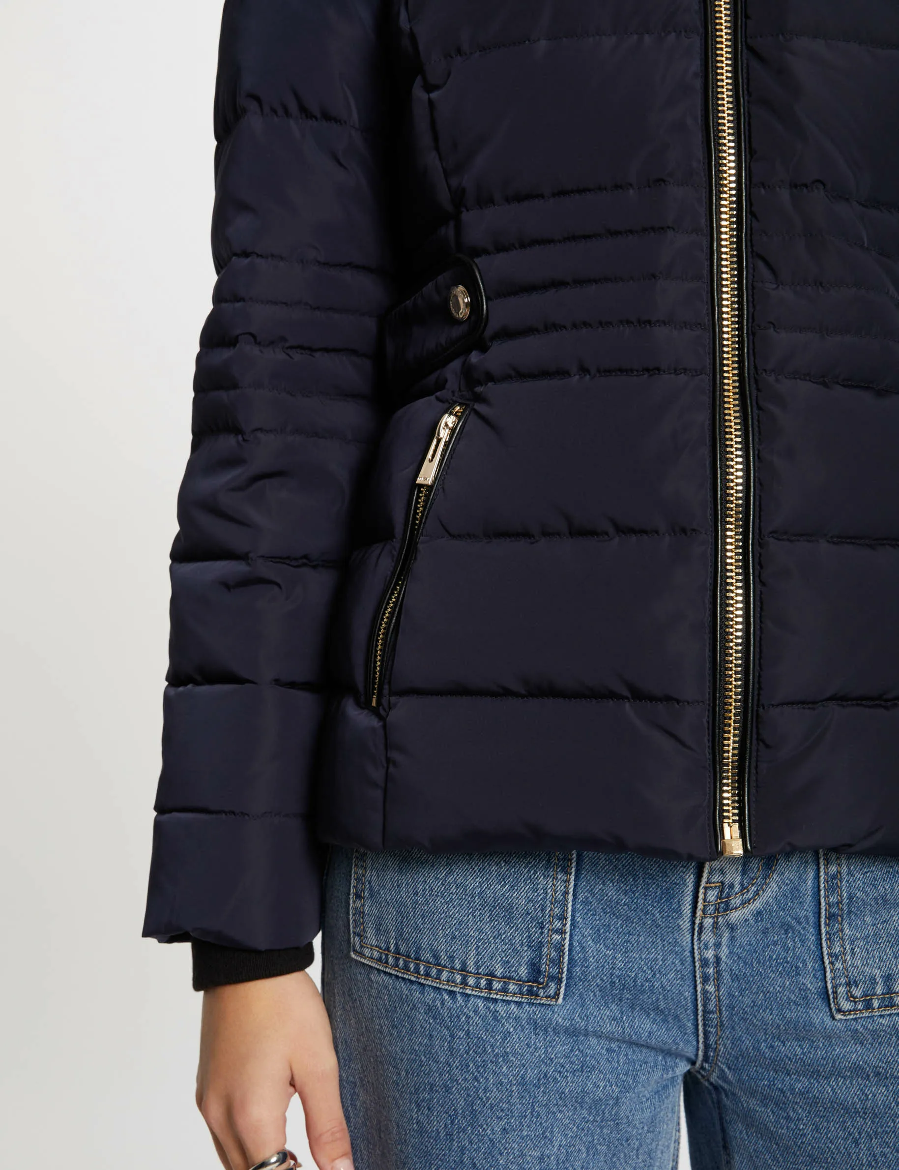 Zipped padded jacket with hood navy women