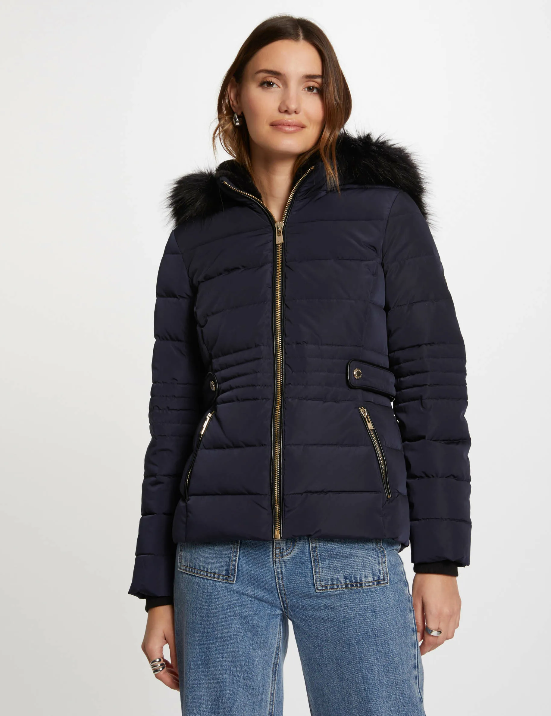 Zipped padded jacket with hood navy women